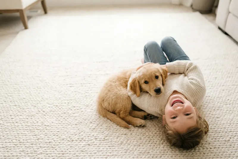 Child and puppy playing on clean carpet