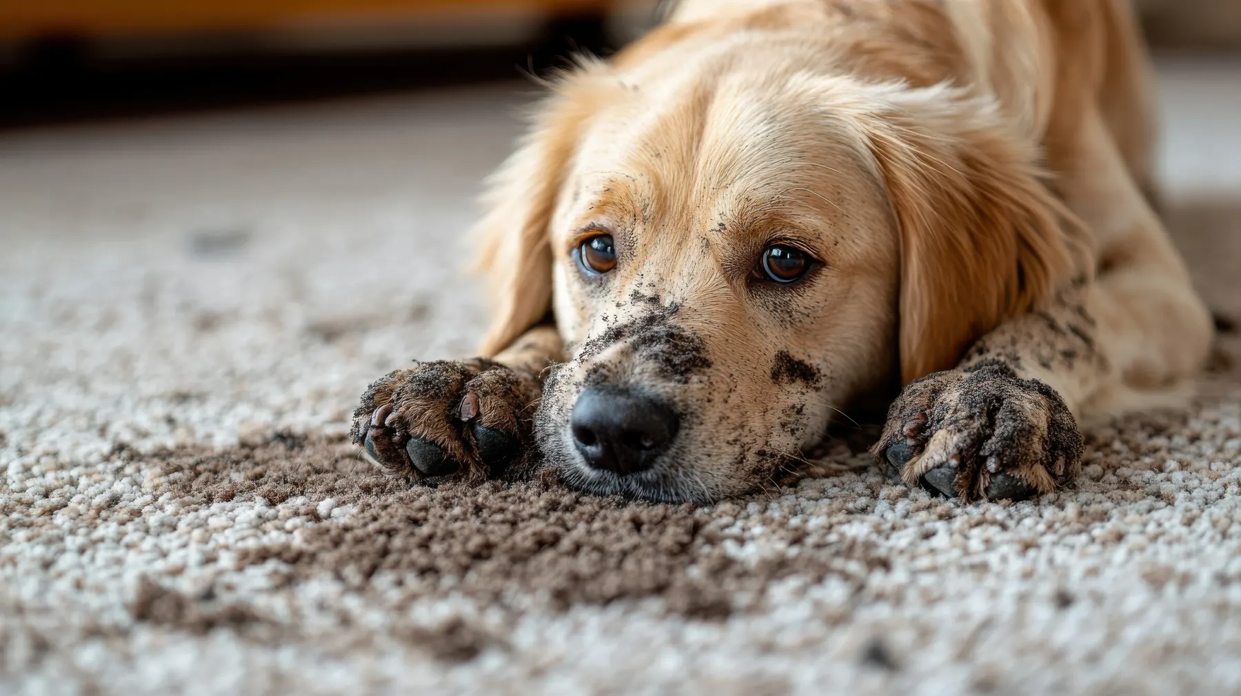 Golden retriever with red-clay muddy paws on carpet