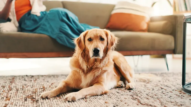 A dog lying on a freshly cleaned rug