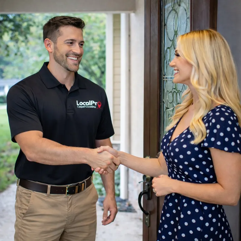 A LocalPro technician greeting a customer at her front door